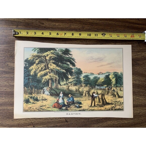 Currier and Ives "Harvest" Calendar Print Hay Haystacks Barrel Farm Horse Wagon - Picture 4 of 5